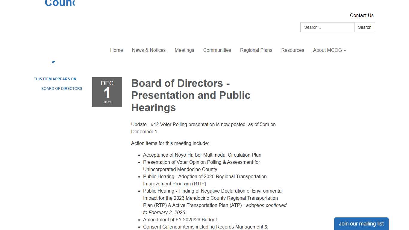Board of Directors - Presentation and Public Hearings - Mendocino Council of Governments