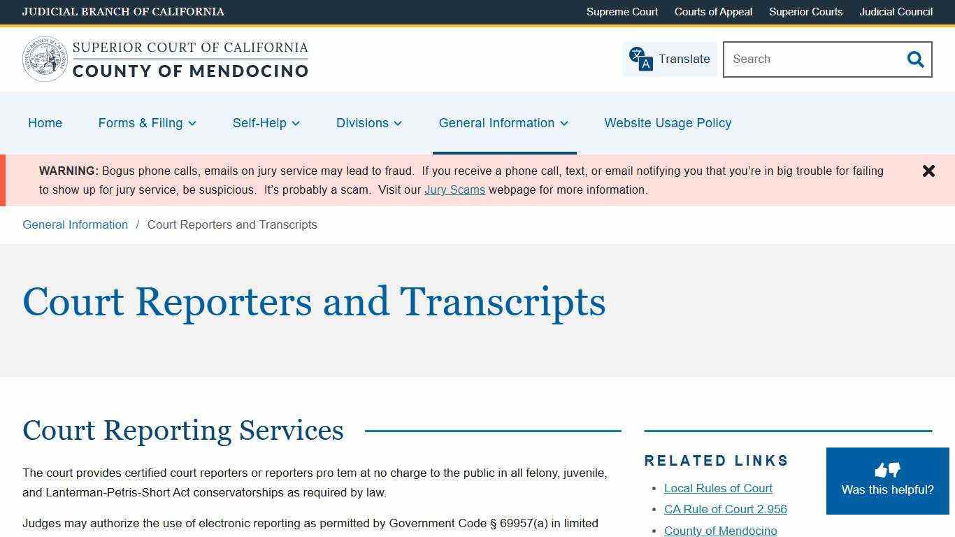 Court Reporters and Transcripts | Superior Court of California | County of Mendocino
