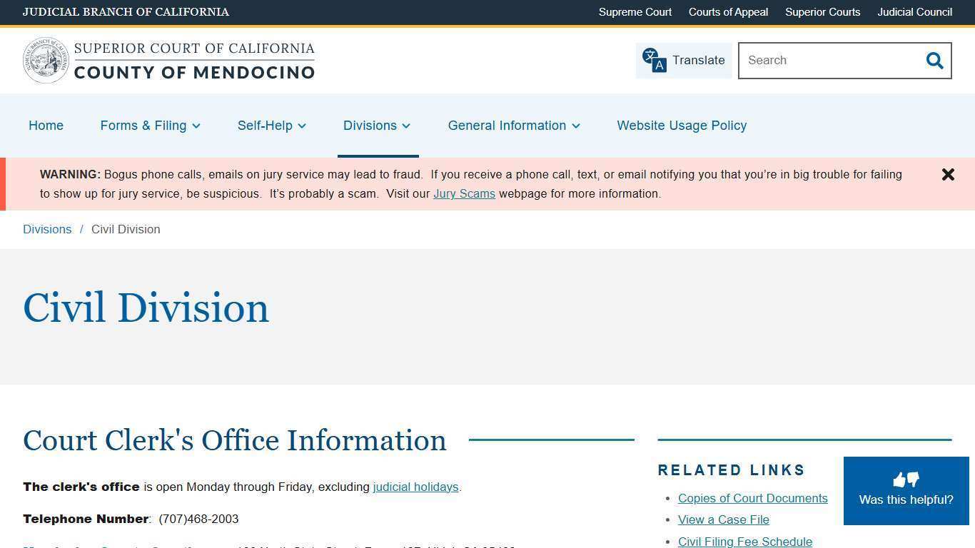 Civil Division | Superior Court of California | County of Mendocino